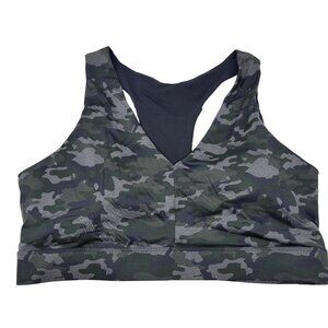 Fabletics Womens On The Go Camo Sports Bra V-Neck Cutout Back Black Green Size 3